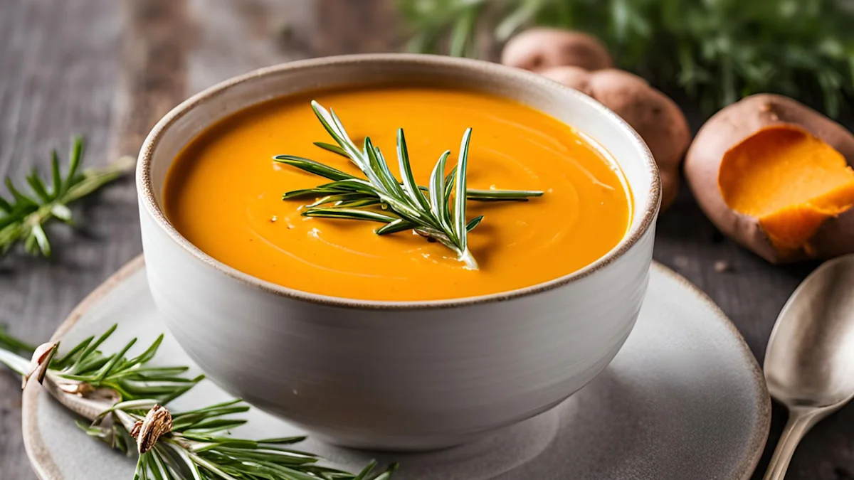 Bowl of sweet potato soup garnished with rosemary