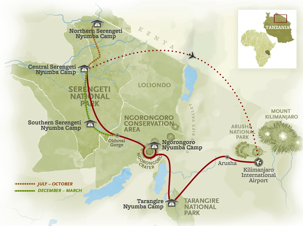 Route map for the Classic Safari, flying into Kilimanjaro International Airport and driving through Arusha to Tarangire National Park, the Ngorongoro Crater and camps in the southern, central and northern Serengeti.