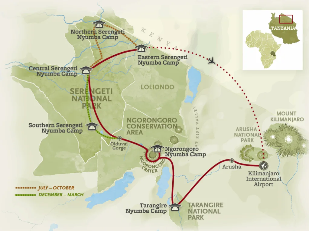Route map for the Essential Tanzania Safari, from Kilimanjaro International Airport and Arusha to Tarangire National Park, a camp at the Ngorongoro Crater and seasonal camps in the southern, central, northern and eastern Serengeti.