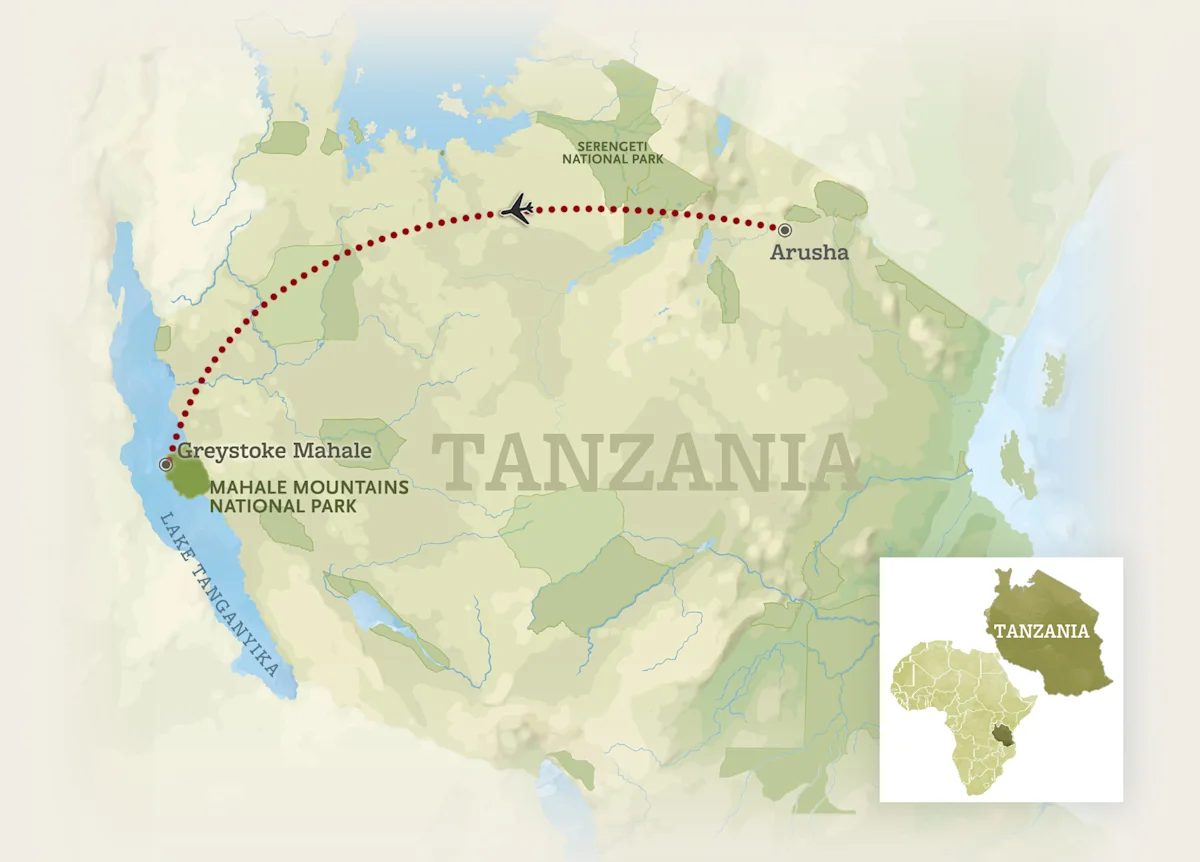 Route map for the Mahale Mountains extension, a flight west from Arusha across Tanzania to Greystoke Mahale on the shore of Lake Tanganyika.