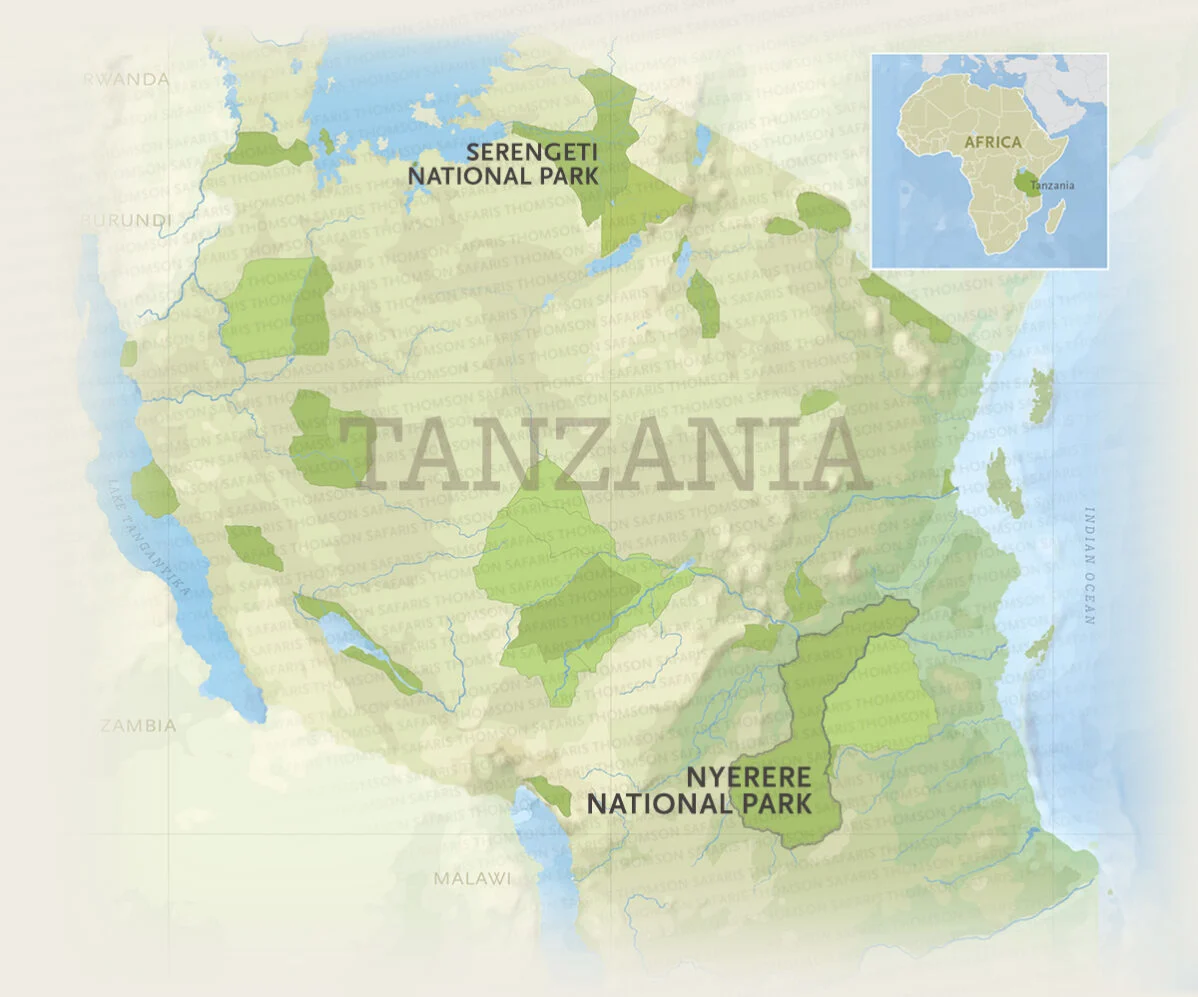 Map of Tanzania's national parks with Nyerere National Park highlighted in the south of the country, far from the Serengeti in the north.