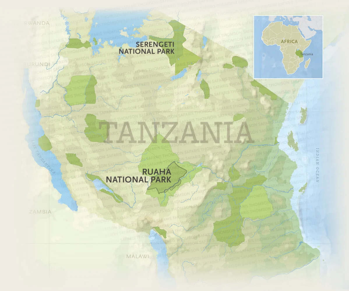 Map of Tanzania's national parks with Ruaha National Park highlighted in the center of the country, south-west of the Serengeti.