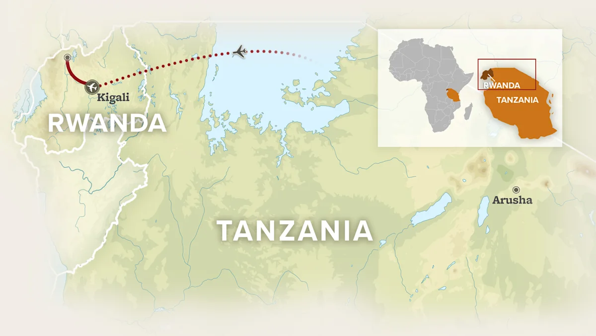 Route map for the Rwanda extension, a flight west from Arusha in Tanzania to Kigali in Rwanda.