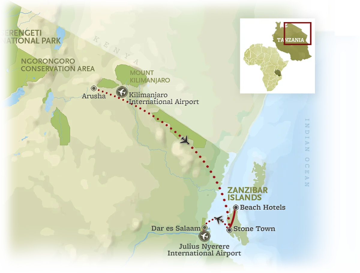 Route map for the Zanzibar extension, a flight from Kilimanjaro International Airport near Arusha out to the Zanzibar islands, marking Stone Town and the beach hotels, with Dar es Salaam on the mainland.