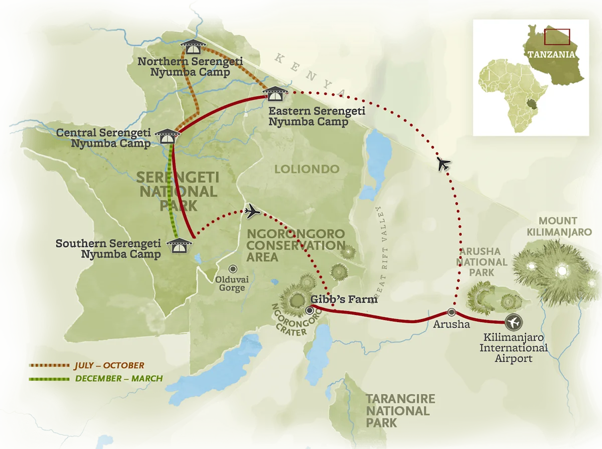 Route map for the Founders' Safari, from Kilimanjaro International Airport through Arusha to Gibb's Farm and the Ngorongoro Crater, then on to camps in the southern, central, northern and eastern Serengeti.