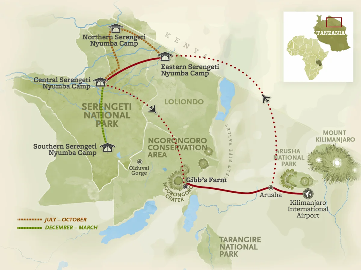 Route map for the Founders' Signature Tanzania Safari, from Kilimanjaro International Airport through Arusha to Gibb's Farm and the Ngorongoro Crater, then on to camps in the southern, central, northern and eastern Serengeti.