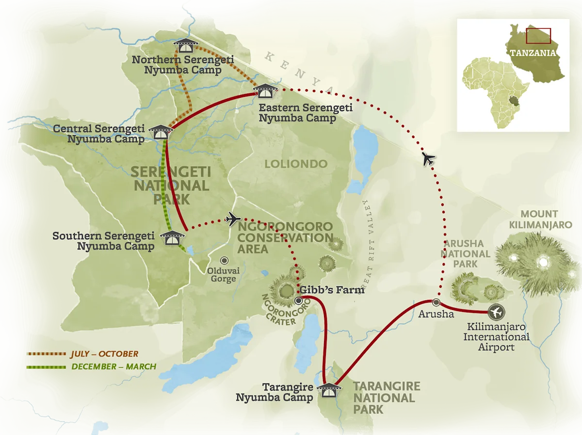 Route map for the Grand Safari, from Kilimanjaro International Airport through Arusha to Tarangire National Park, Gibb's Farm and the Ngorongoro Crater, then on to camps in the southern, central, northern and eastern Serengeti.