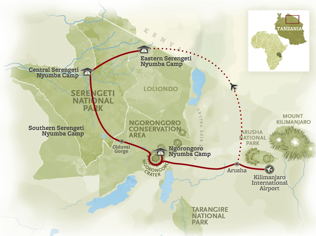 Route map for the Highlights Safari, from Kilimanjaro International Airport through Arusha to a camp at the Ngorongoro Crater, then north to the central and eastern Serengeti before flying back to Arusha.