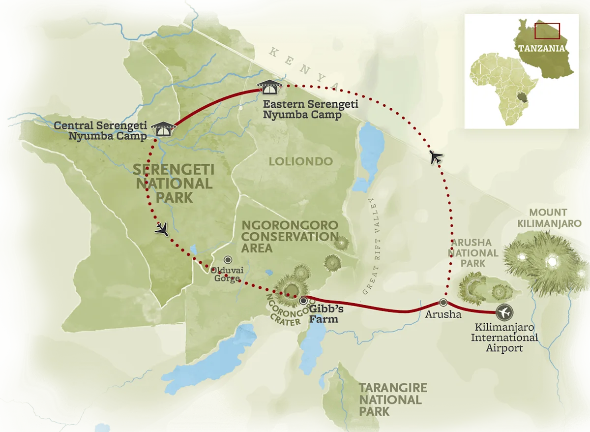 Route map for the Holiday Tanzania Safari Escape, from Kilimanjaro International Airport through Arusha to Gibb's Farm and the Ngorongoro Crater, then past Olduvai Gorge to camps in the central and eastern Serengeti.