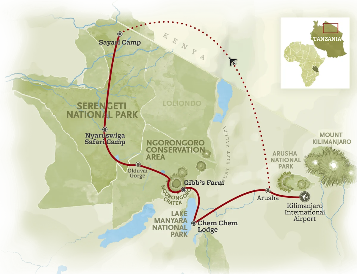 Route map for the Luxury Safari, from Kilimanjaro International Airport through Arusha to Chem Chem Lodge by Lake Manyara, Gibb's Farm and the Ngorongoro Crater, then on to Nyarusiwiga Safari Camp in the central Serengeti and Sayari Camp in the north.