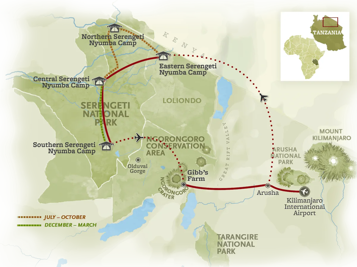 Route map for the Perfect Family Safari, from Kilimanjaro International Airport through Arusha to Gibb's Farm and the Ngorongoro Crater, then by air to camps in the southern, central, northern and eastern Serengeti.
