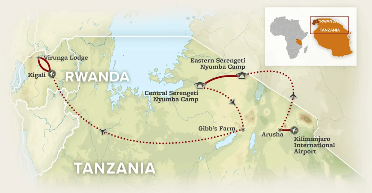 Route map for the Savannas and Silverbacks Safari, from Kilimanjaro International Airport and Arusha to Gibb's Farm and the central and eastern Serengeti in Tanzania, then west by air to Kigali and Virunga Lodge in Rwanda.