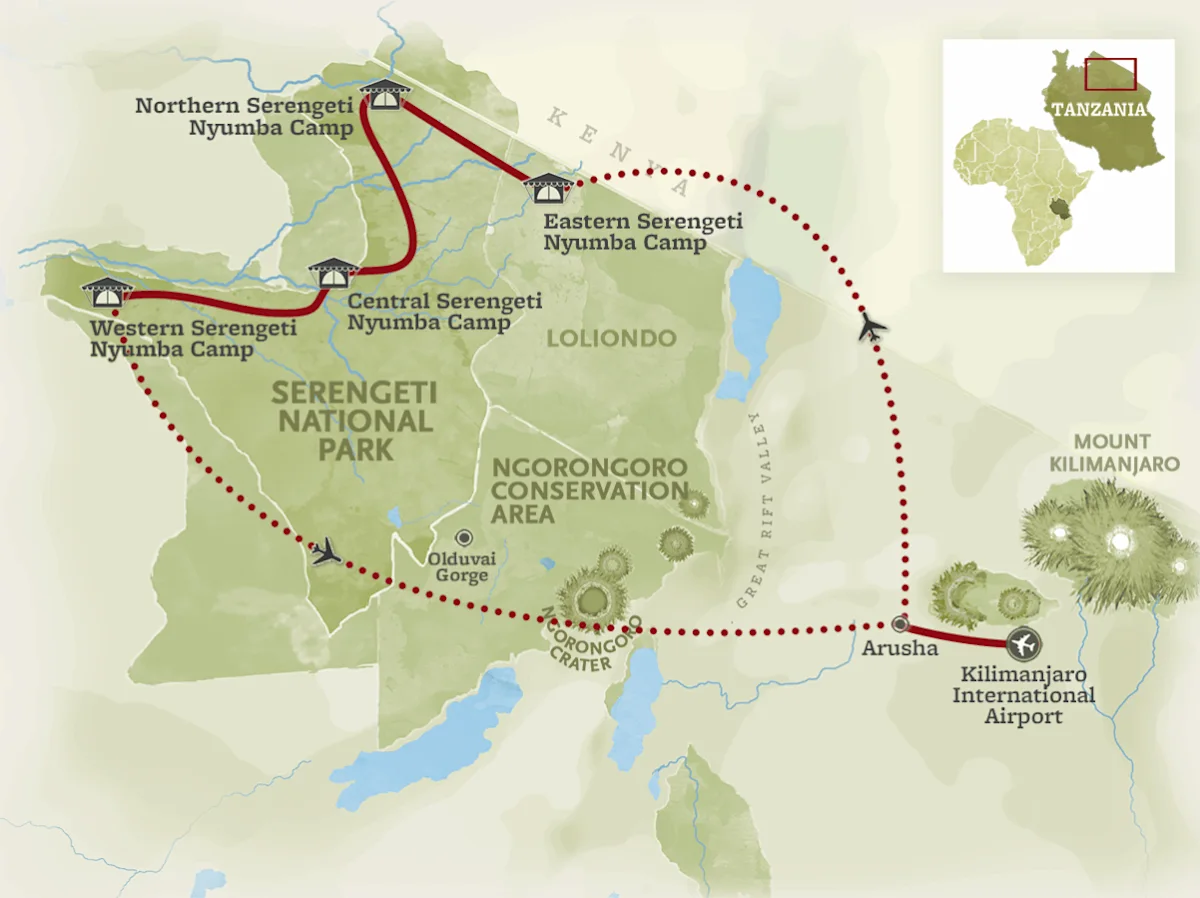 Route map for the Serengeti Horizon Safari, from Kilimanjaro International Airport through Arusha and the Ngorongoro Crater to camps in the western, central, northern and eastern Serengeti.