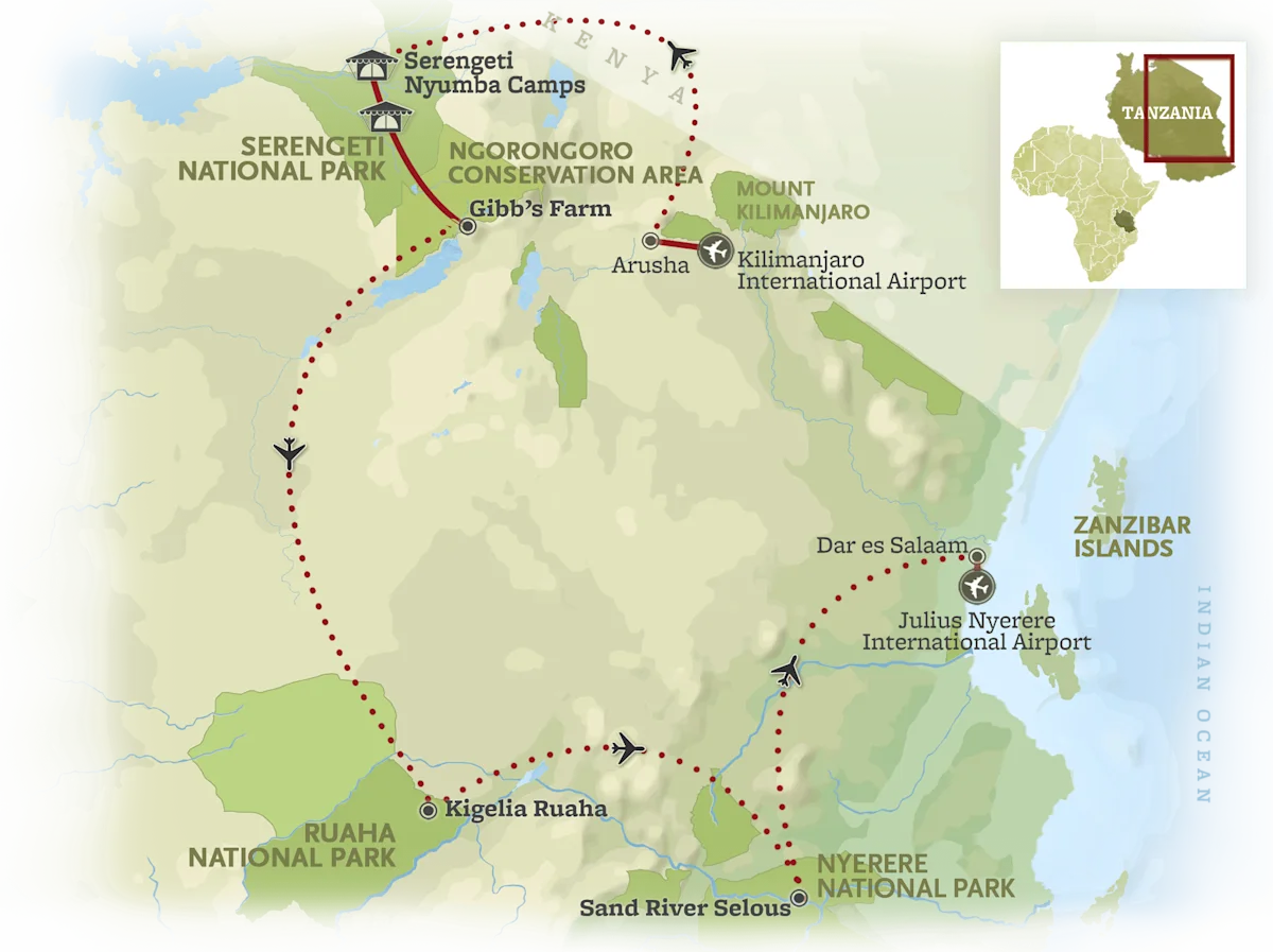 Route map for the Tanzania Flying Safari, linking Arusha, Gibb's Farm and the Serengeti camps in the north with Kigelia Ruaha in Ruaha National Park and Sand River Selous in Nyerere National Park in the south, ending at Dar es Salaam.