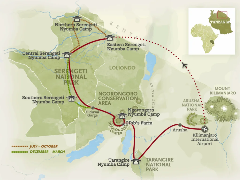 Route map for the Ultimate Tanzania Safari Adventure, from Kilimanjaro International Airport through Arusha to Tarangire National Park, Gibb's Farm and the Ngorongoro Crater, then on to camps in the southern, central, northern and eastern Serengeti.