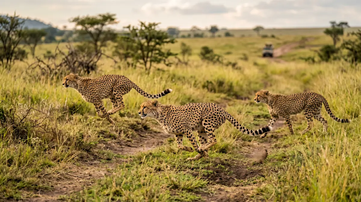 Three cheetahs walking through the grass in Serengeti National Park