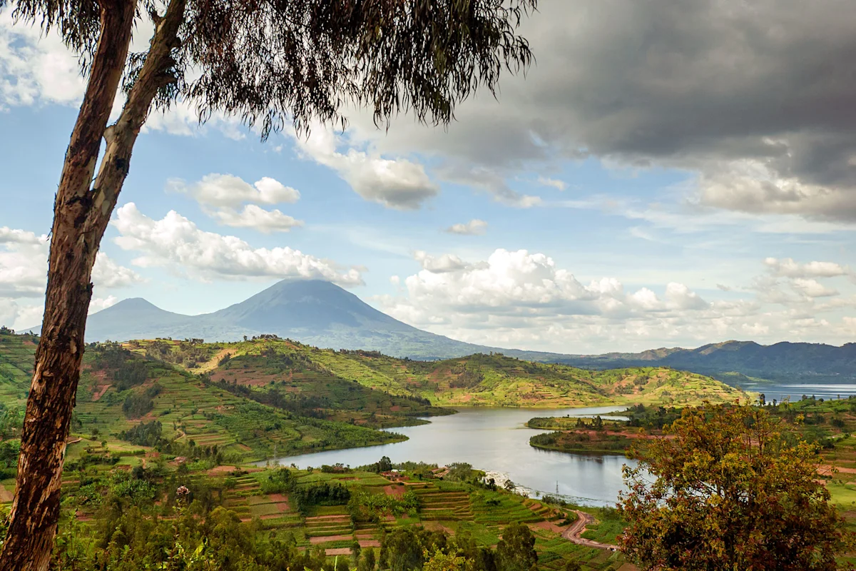 A Rwandan lake below the volcanoes.