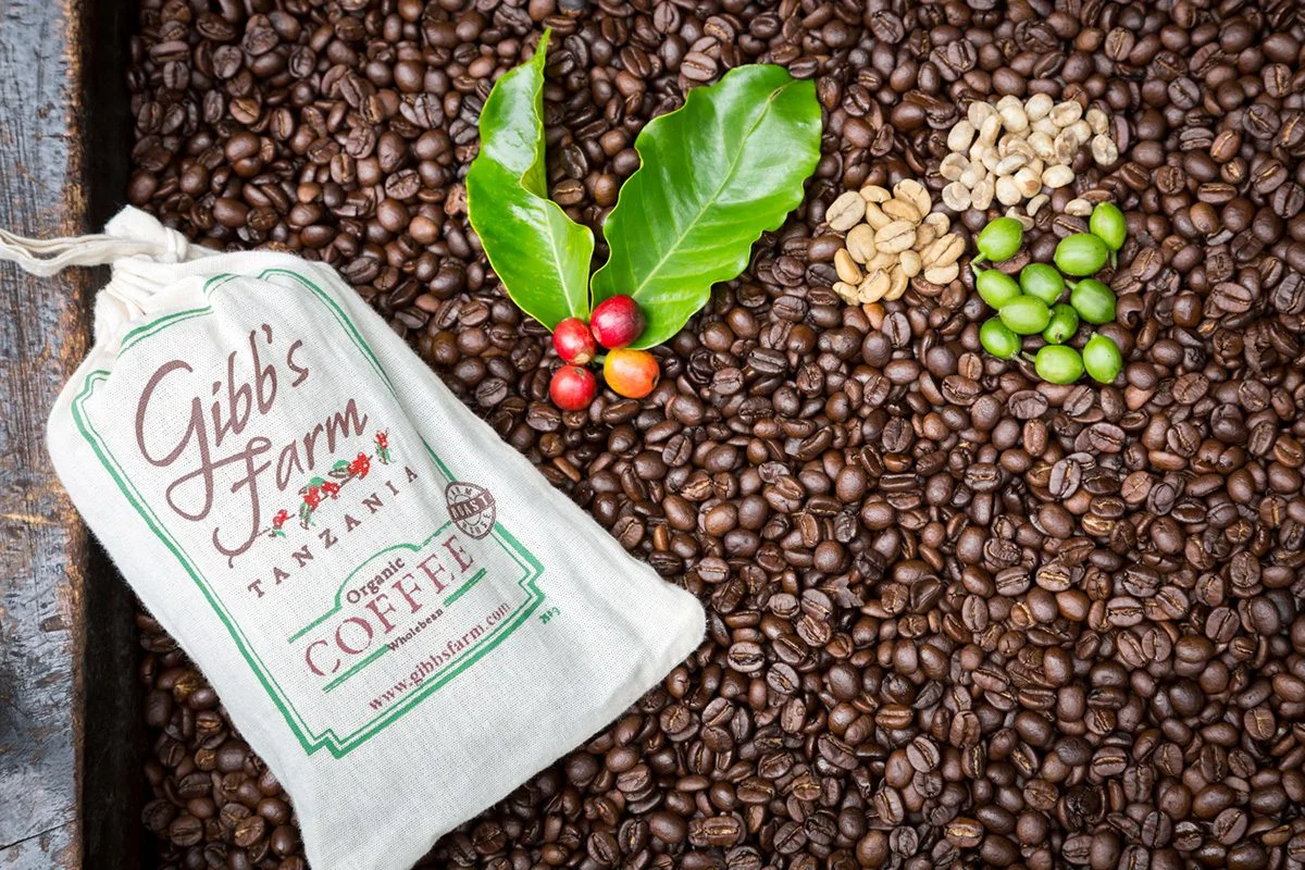 Bag of Gibb's Farm coffee on roasted beans with coffee cherries, leaves and green beans