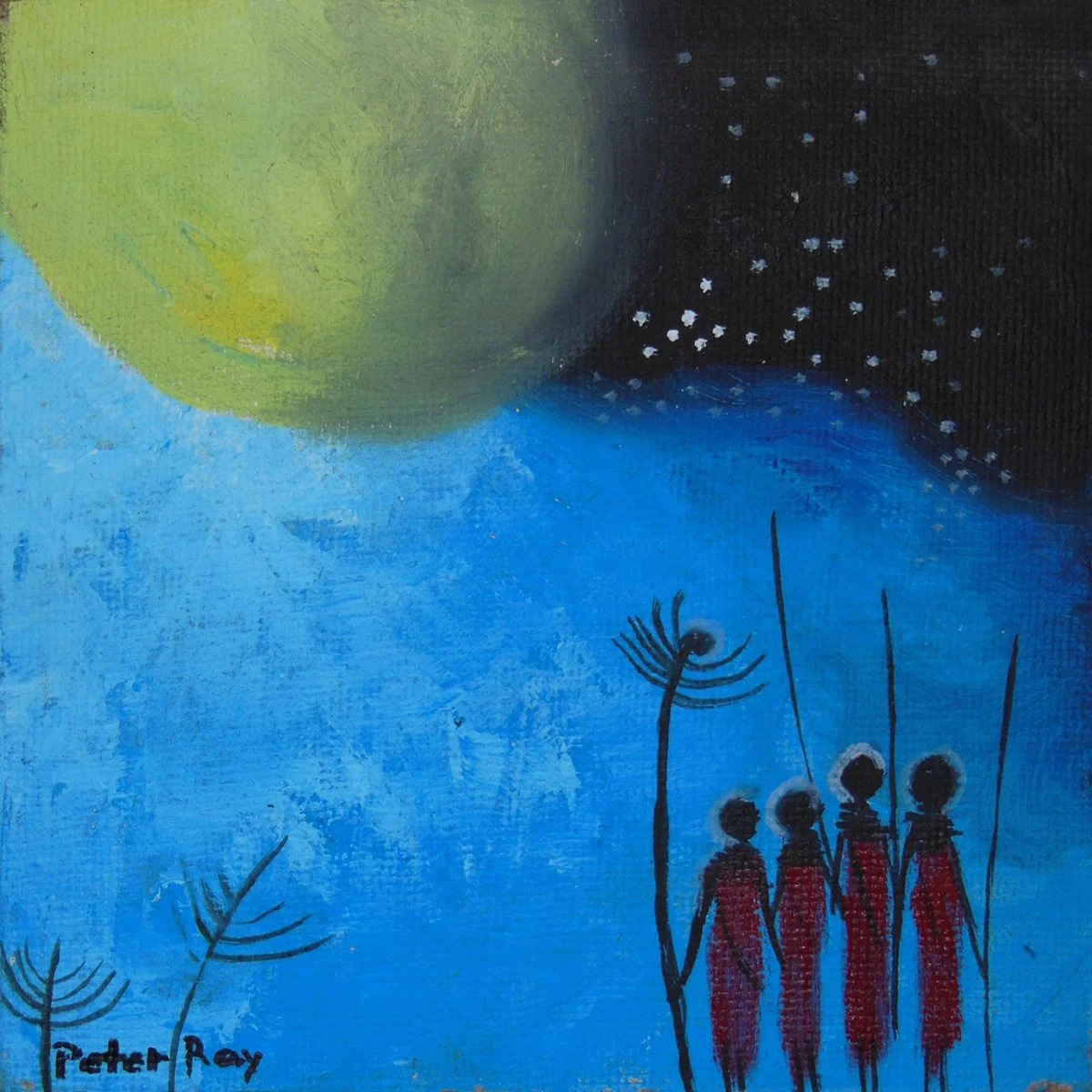 Painting of four Maasai figures holding spears under a large moon and starry sky