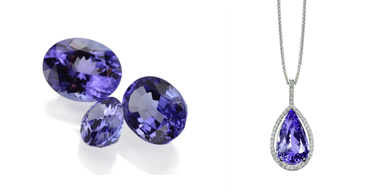 Three loose violet-blue tanzanite gems beside a tanzanite pendant necklace