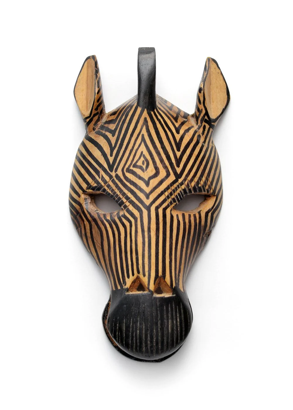 Carved wooden zebra mask with black stripes