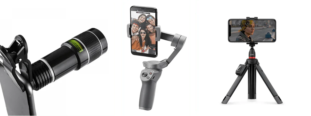 Smartphone accessories: a clip-on telephoto lens, a handheld gimbal and a mini tripod