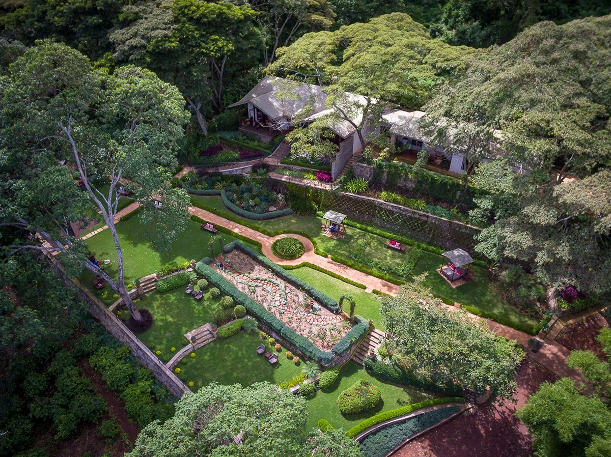 Aerial view of Gibb's Farm's cottages and terraced gardens