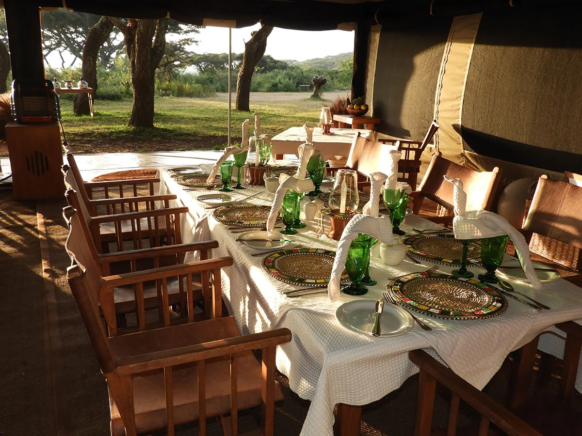 Dining tent table set with folded napkins and green glasses, open to the grassland