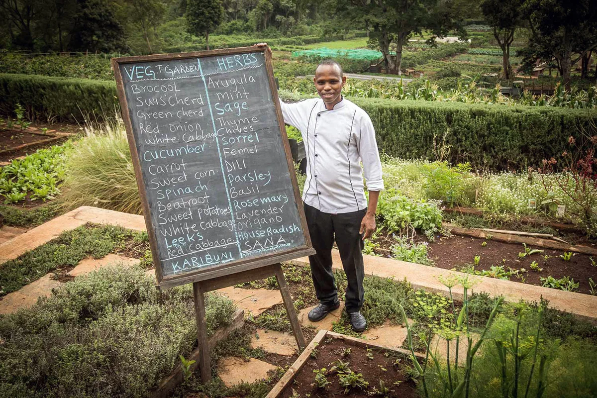 Chef standing beside a chalkboard listing vegetables and herbs in the Gibb's Farm garden