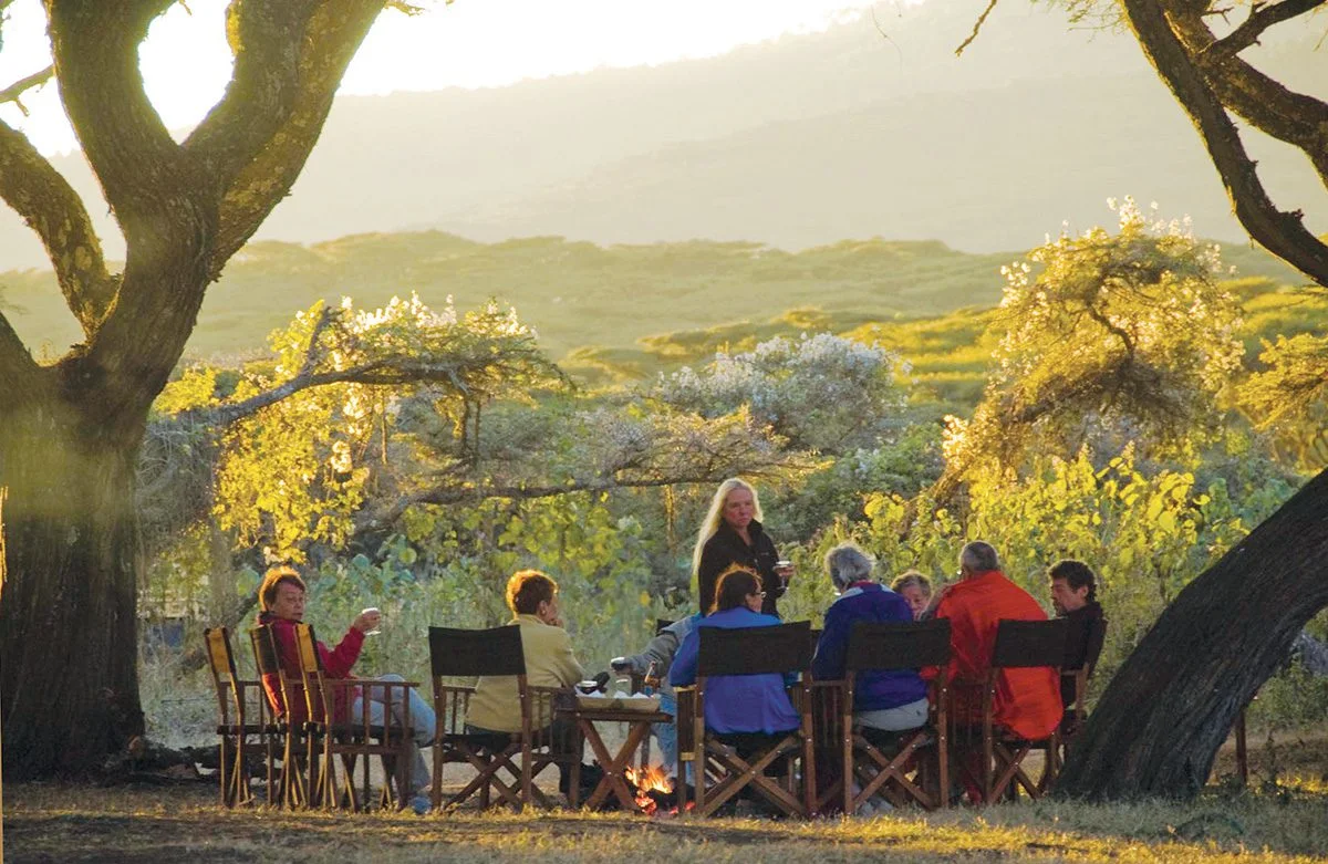 Travelers in safari chairs gathered around a campfire under acacia trees in evening light