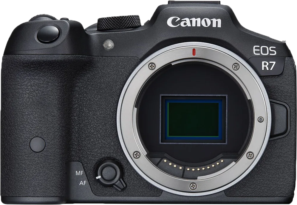 Front view of the Canon EOS R7 mirrorless camera body