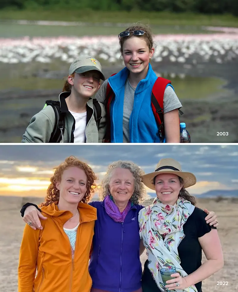 Two photos of the same family on safari: two teens in 2003 and three women in 2022