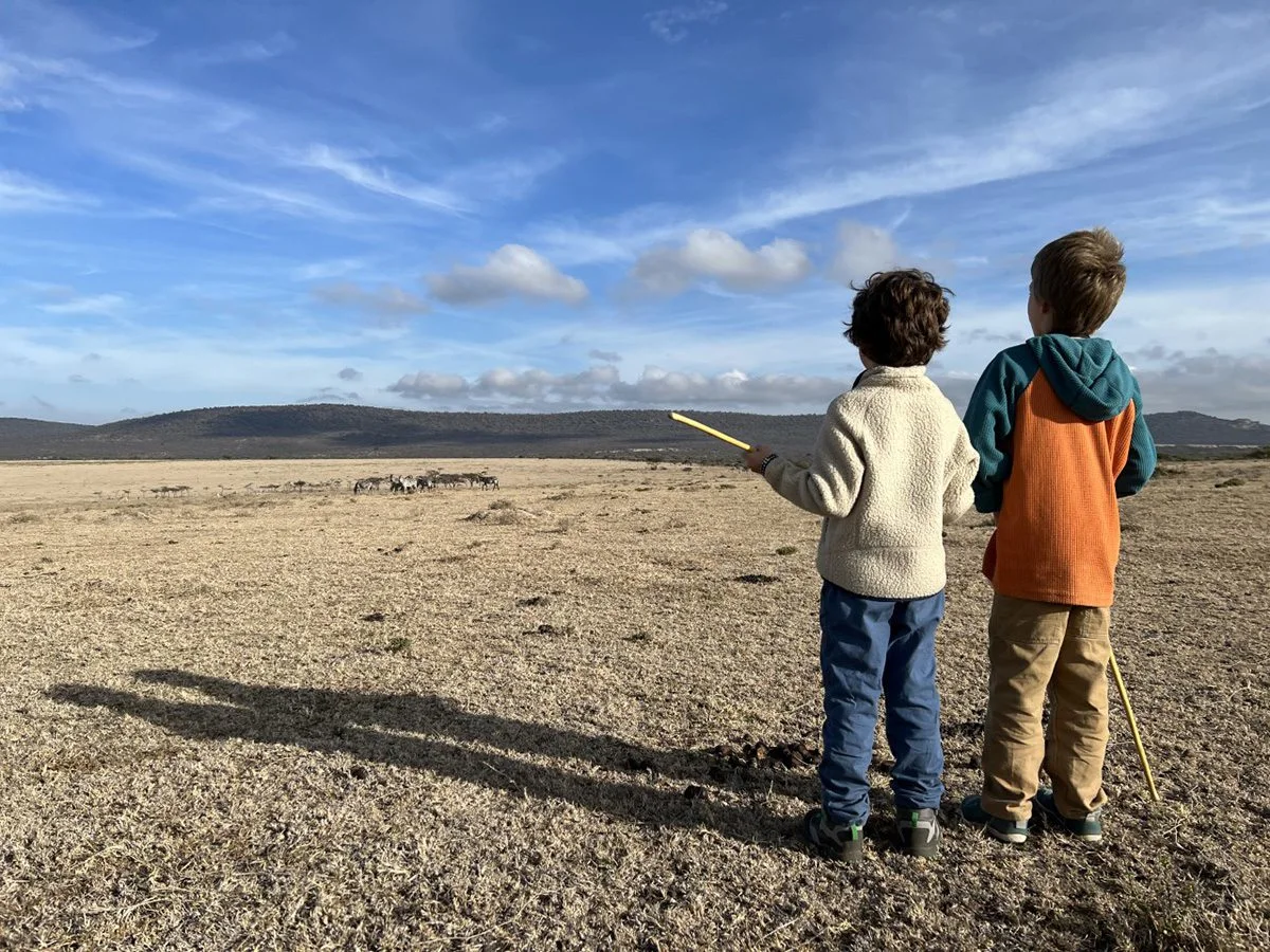 Two boys holding sticks look out across a wide, dry plain