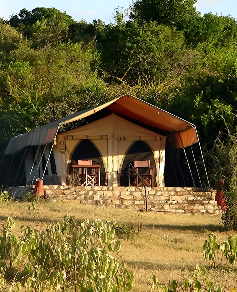 Canvas guest tent on a stone base surrounded by bush