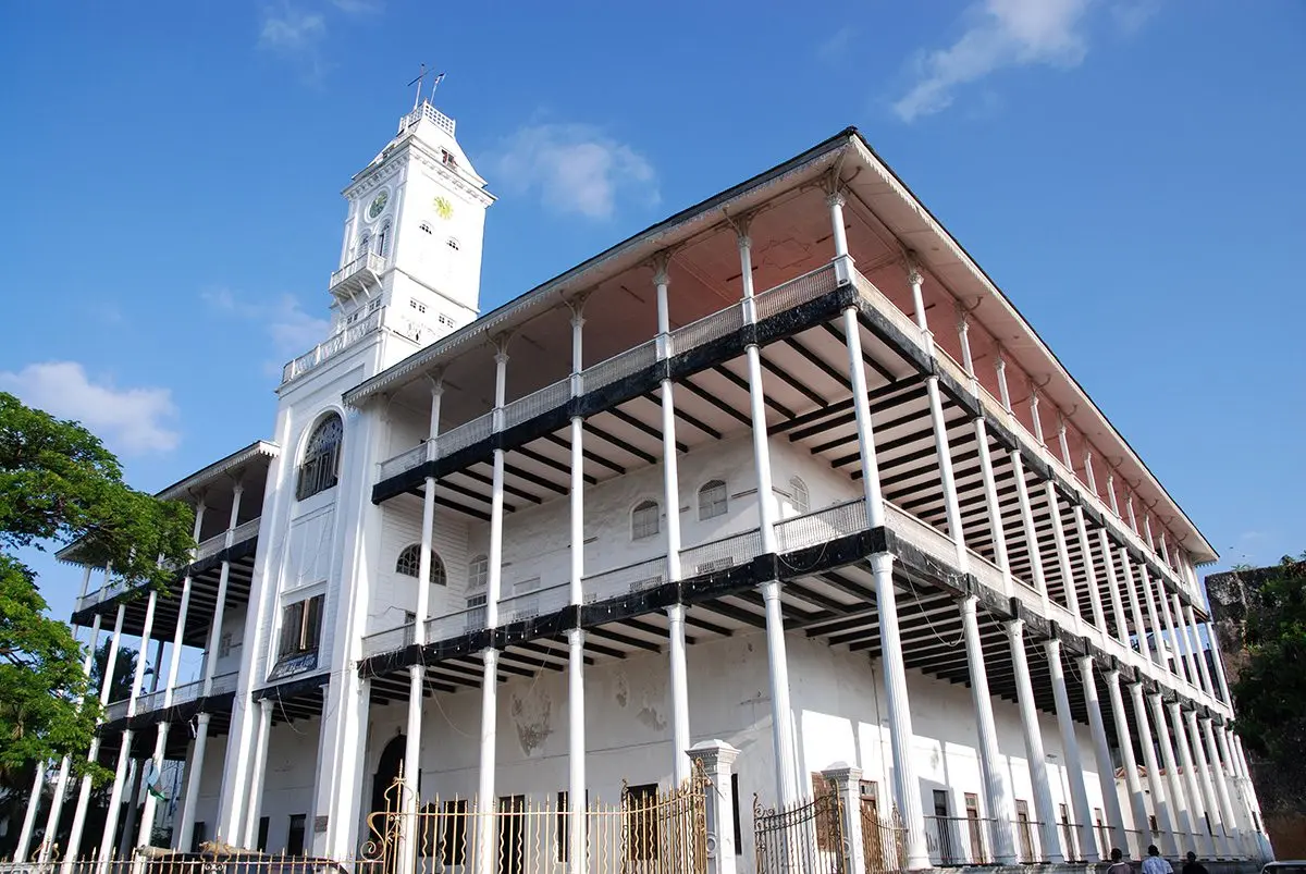 The House of Wonders, a white colonnaded building with a clock tower, in Stone Town, Zanzibar