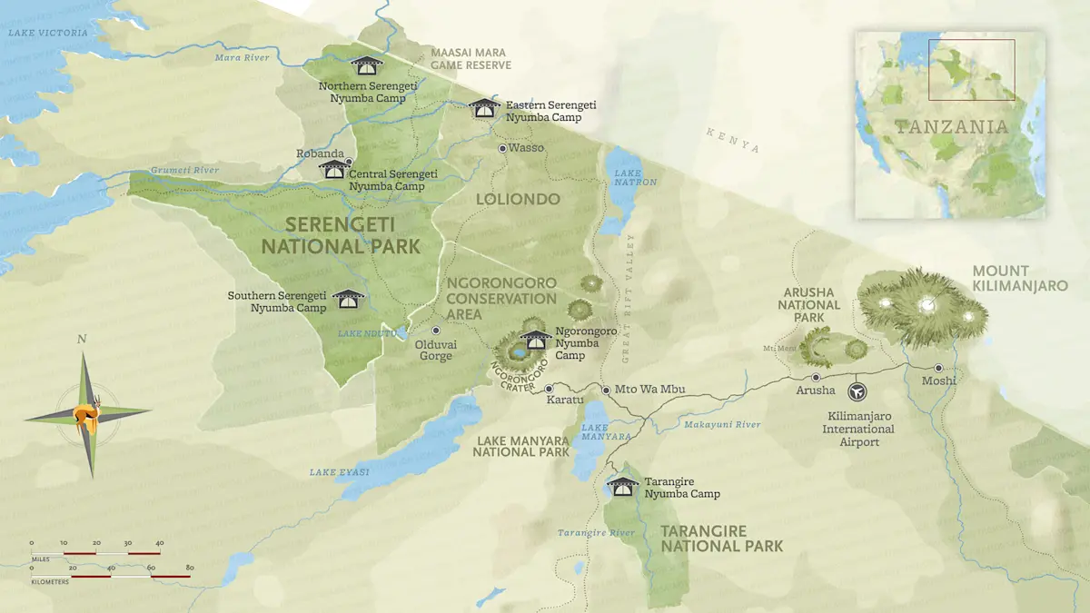 Map of northern Tanzania showing Serengeti, Ngorongoro, Tarangire and the Nyumba camps