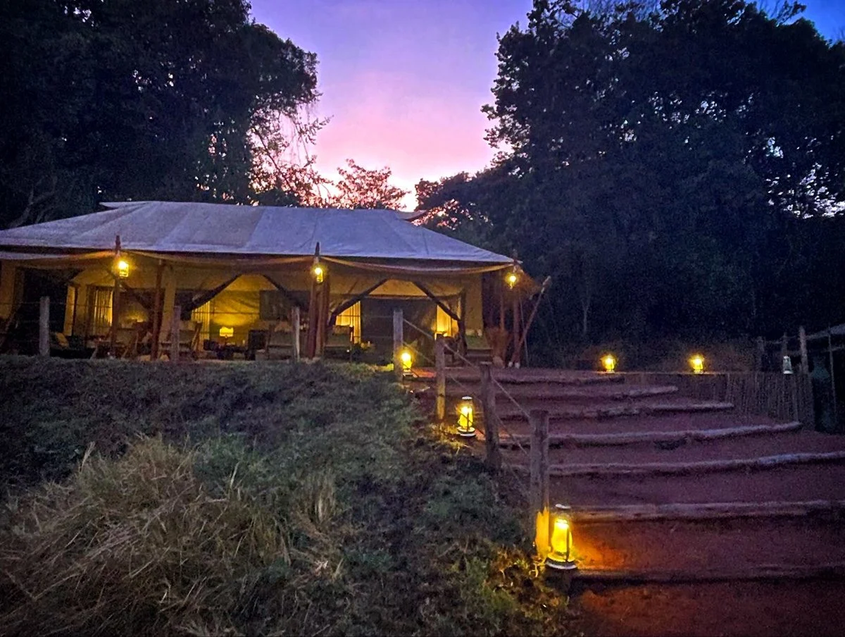 Tented camp lit by lanterns at dusk, with lit steps leading up to it