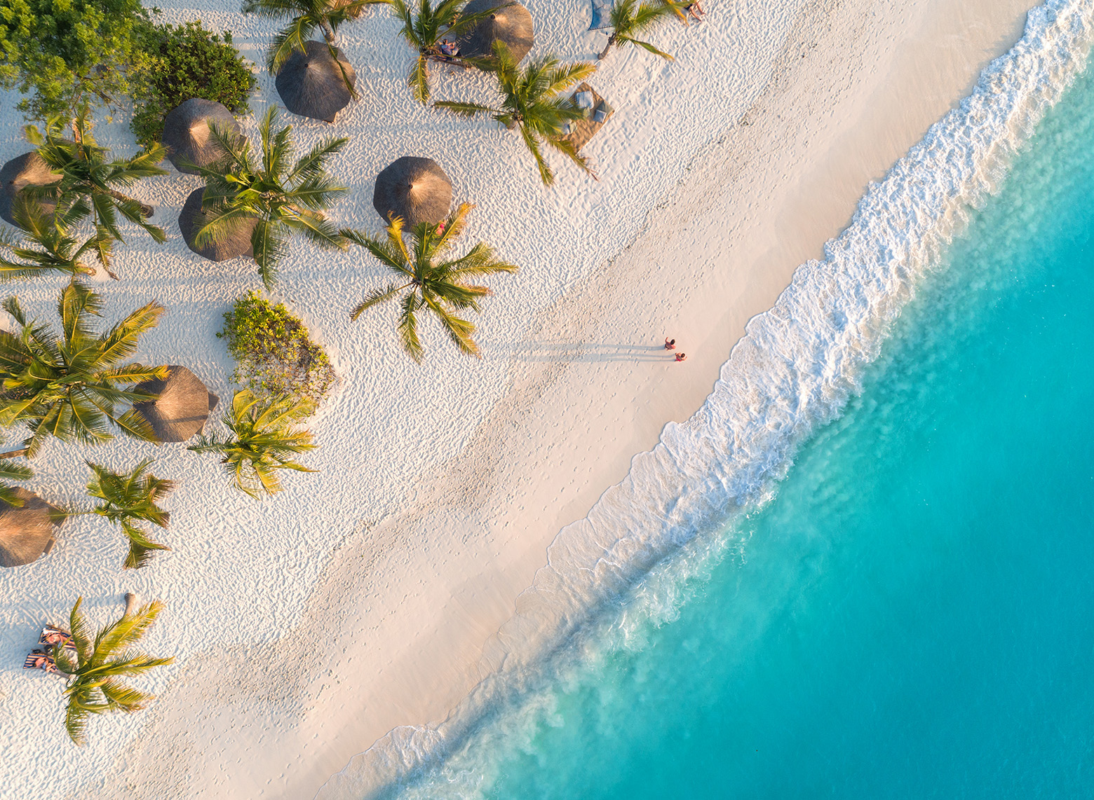 Aerial view of a Zanzibar beach with palms, thatched umbrellas and turquoise water