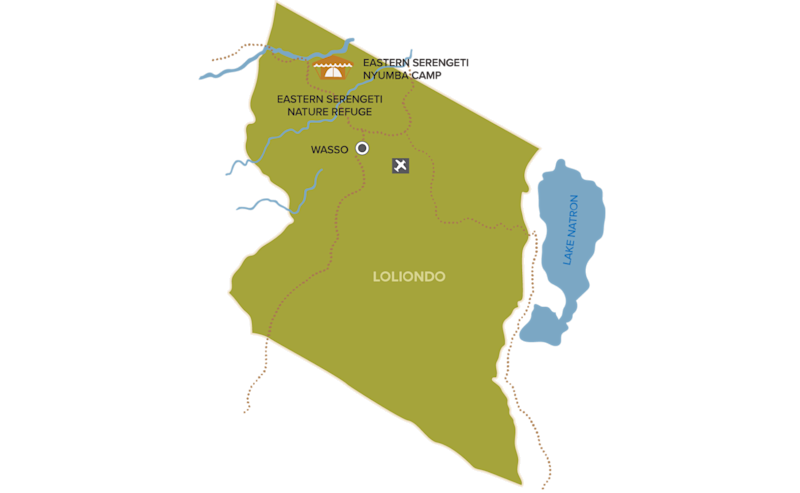Map of the Eastern Serengeti showing Eastern Serengeti Nyumba Camp, the Nature Refuge, Wasso and Loliondo