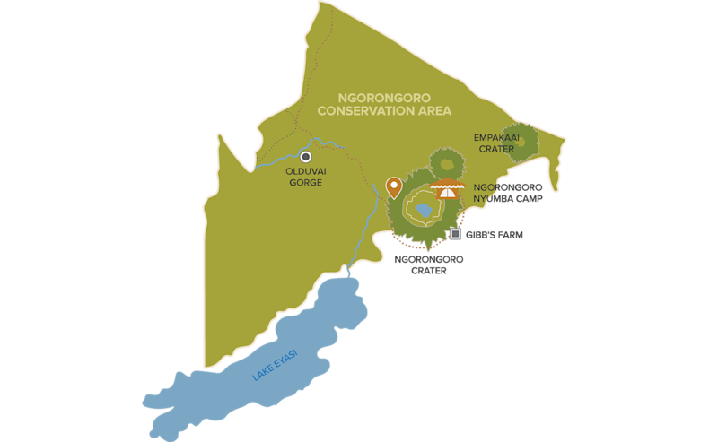 Map of the Ngorongoro Conservation Area showing Ngorongoro Crater, Ngorongoro Nyumba Camp and Gibb's Farm