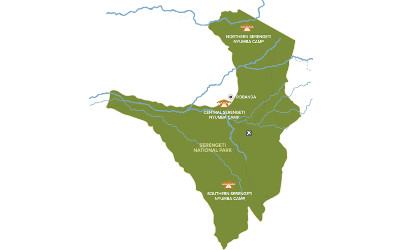 Map of Serengeti National Park showing the Northern, Central and Southern Serengeti Nyumba Camps