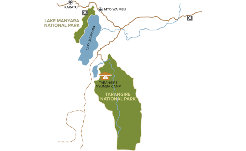 Map of Tarangire and Lake Manyara National Parks showing Tarangire Nyumba Camp