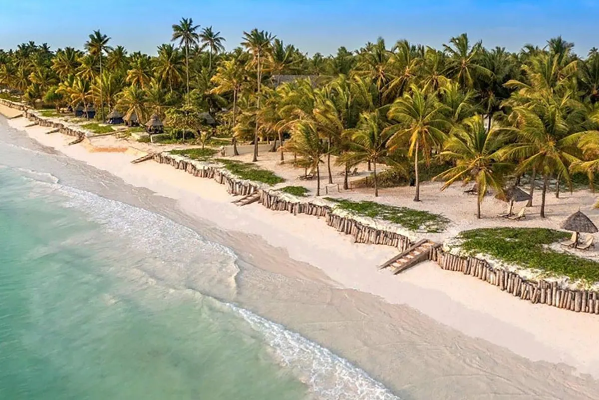 Aerial view of a palm-lined white sand beach and turquoise sea at Baraza Resort & Spa
