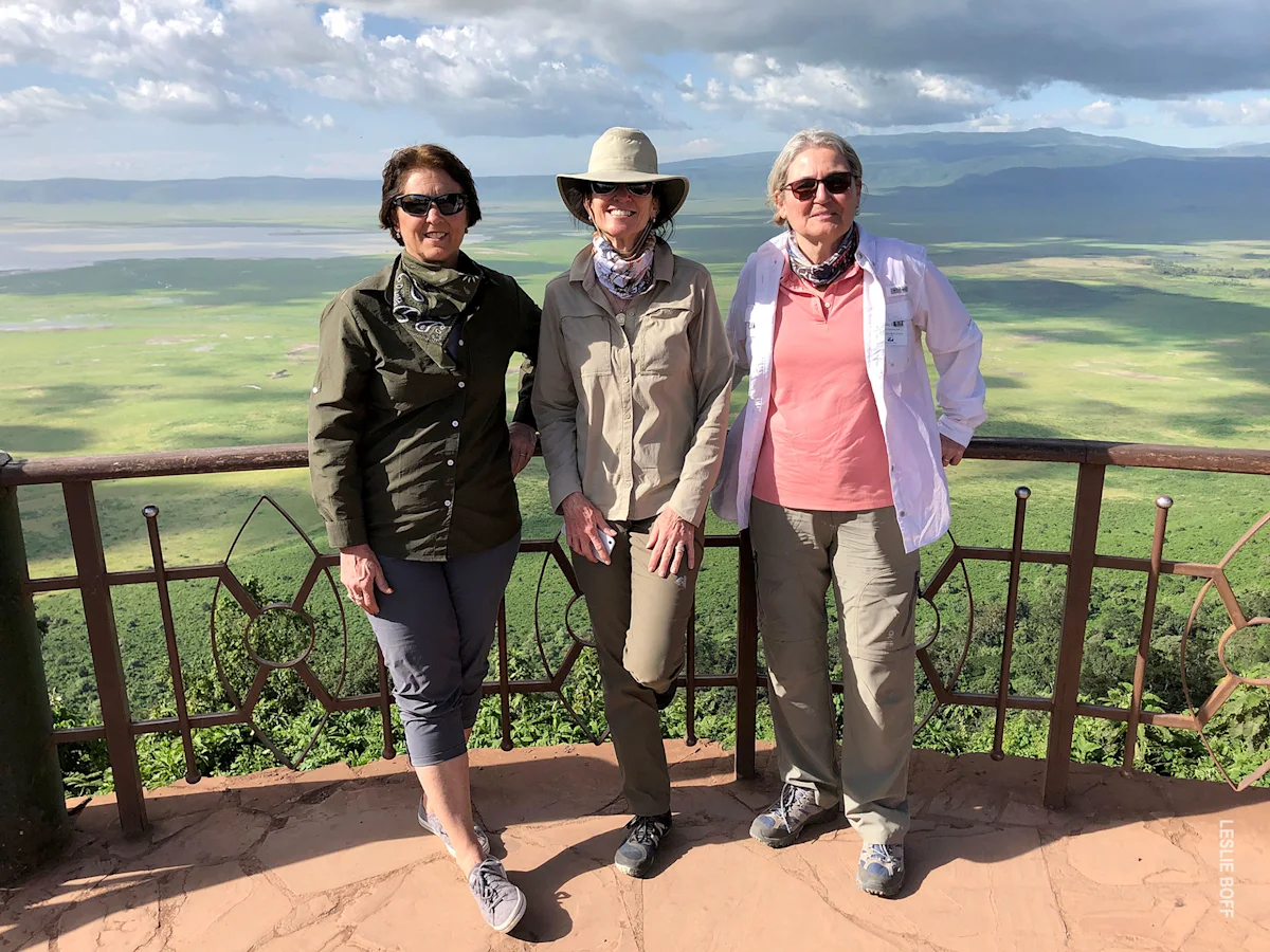 Three women at an overlook above the Ngorongoro Crater