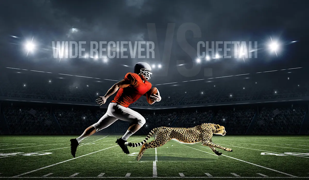 Football wide receiver racing a cheetah on a stadium field