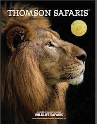 Thomson Safaris catalog cover: a male lion in profile against a black background.