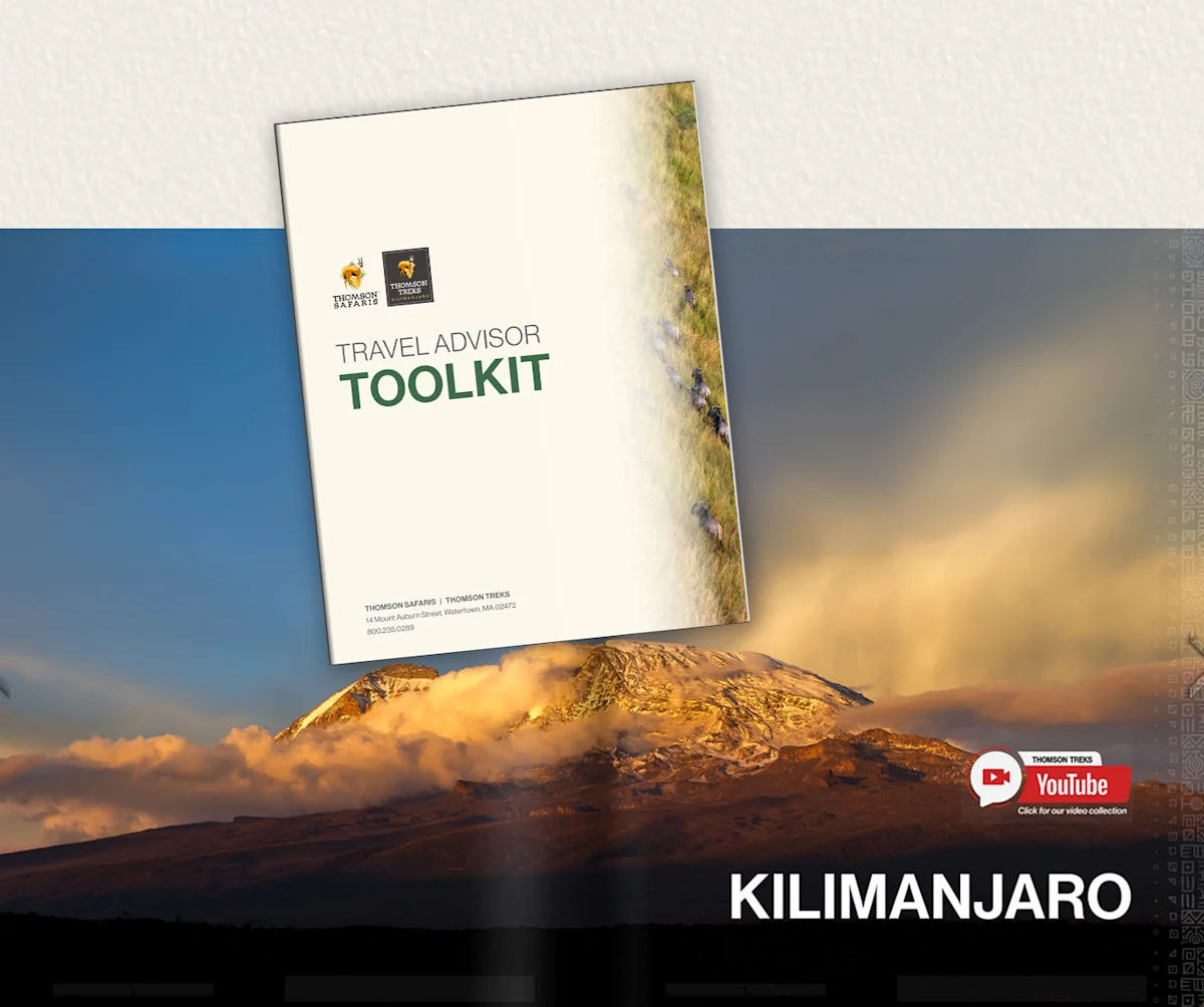 Travel Advisor Toolkit cover over a view of Mount Kilimanjaro