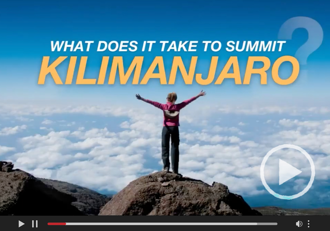 Video thumbnail: "What does it take to summit Kilimanjaro?" with a climber standing above the clouds