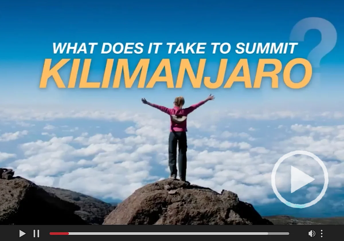 Video thumbnail: "What does it take to summit Kilimanjaro?" with a climber standing above the clouds