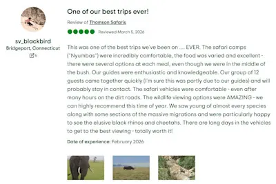 Five-star Tripadvisor review of Thomson Safaris titled "One of our best trips ever!"